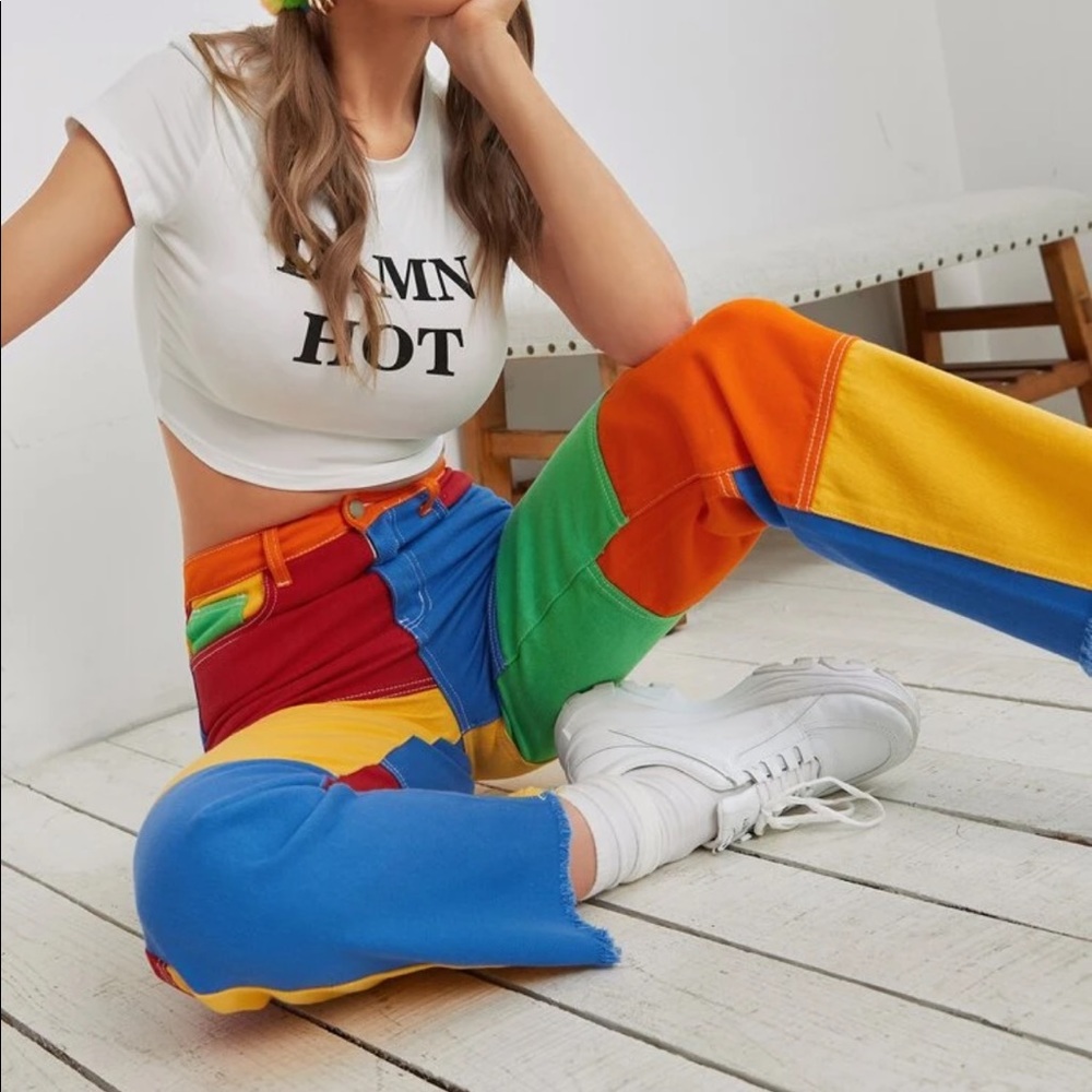 NWT SHEIN Color Block Raw Hem Straight Jeans